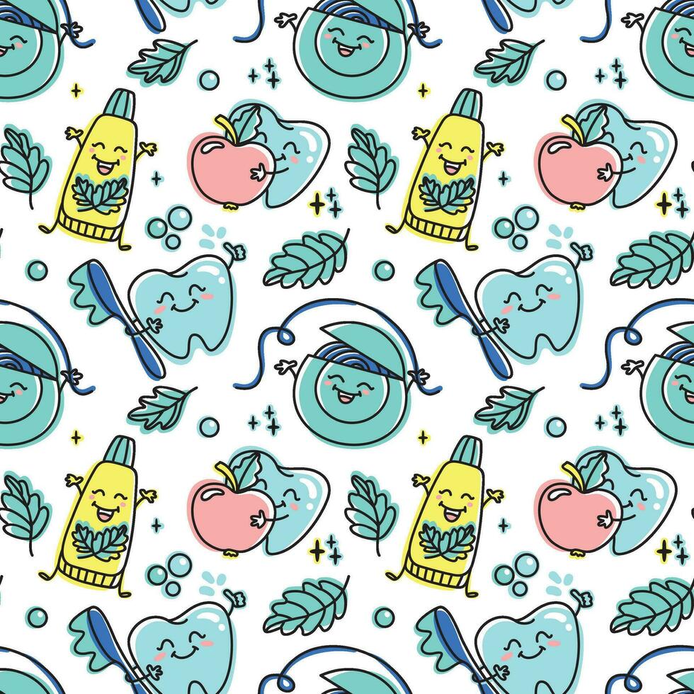 Children's dentistry. Funny characters, healthy teeth, toothpaste and dental floss. Seamless pattern. Vector. vector
