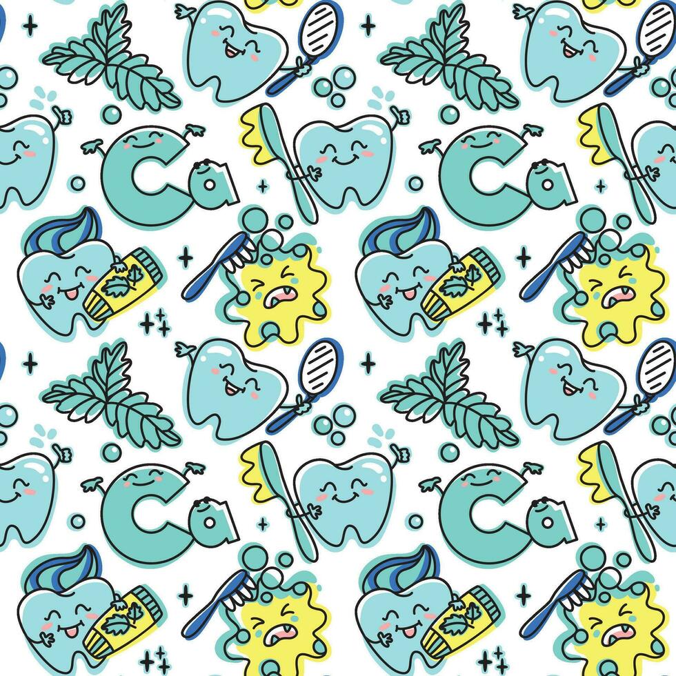 Children's dentistry. Funny characters, healthy teeth, toothpaste and dental floss, peppermint leaf. Seamless pattern. Vector. vector