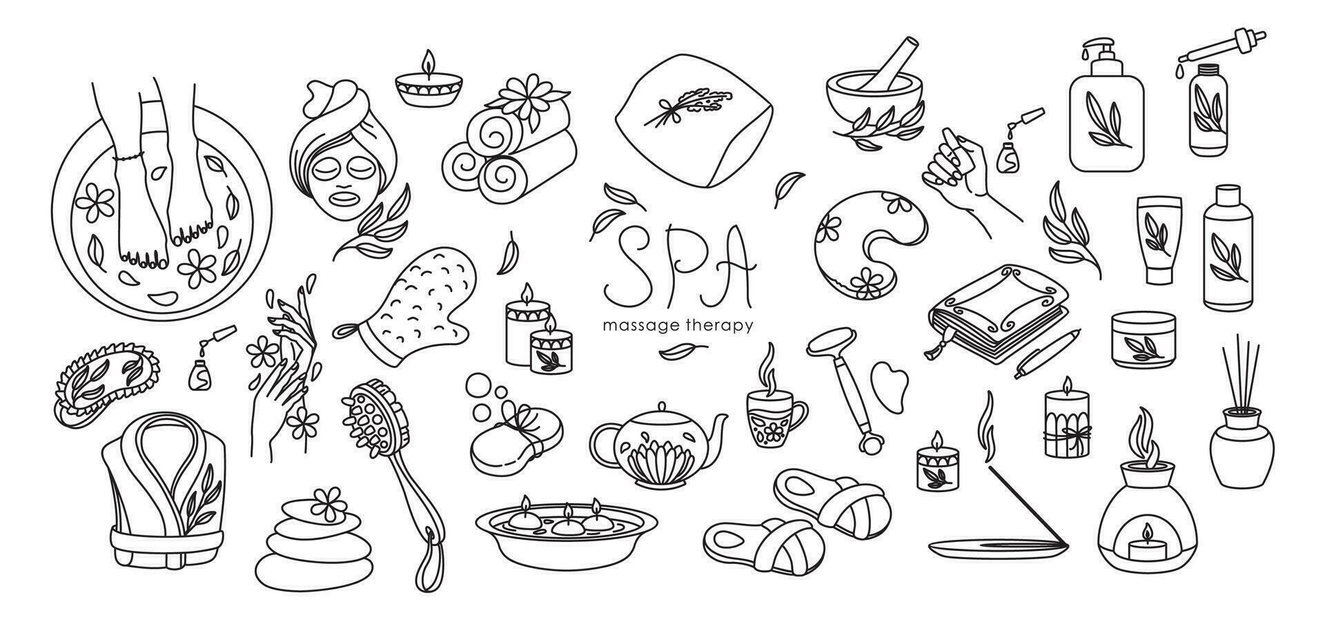 Spa massage therapy outline icons set. Vector. vector