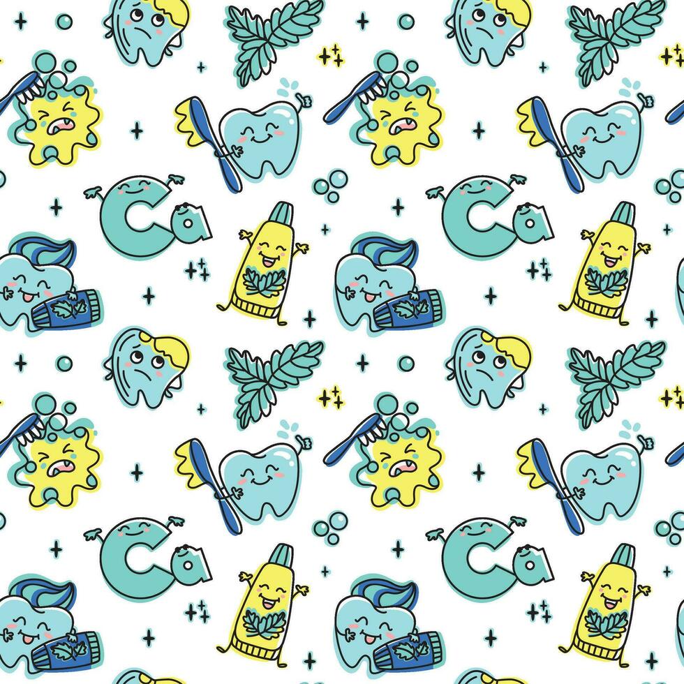 Children's dentistry. Funny characters, healthy teeth, toothpaste and dental floss, peppermint leaf. Seamless pattern. Vector. vector