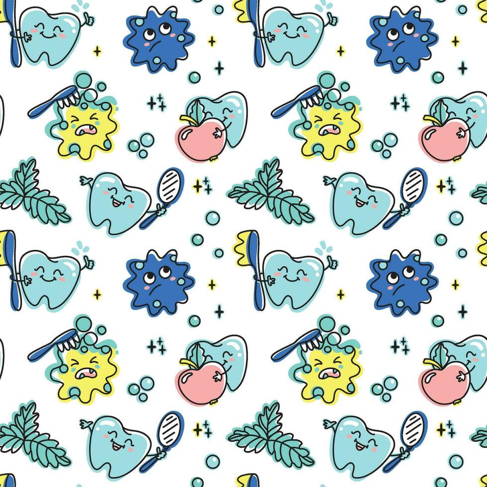 Children's dentistry. Funny characters, healthy teeth, toothbrush, peppermint leaf. Seamless pattern. Vector. vector