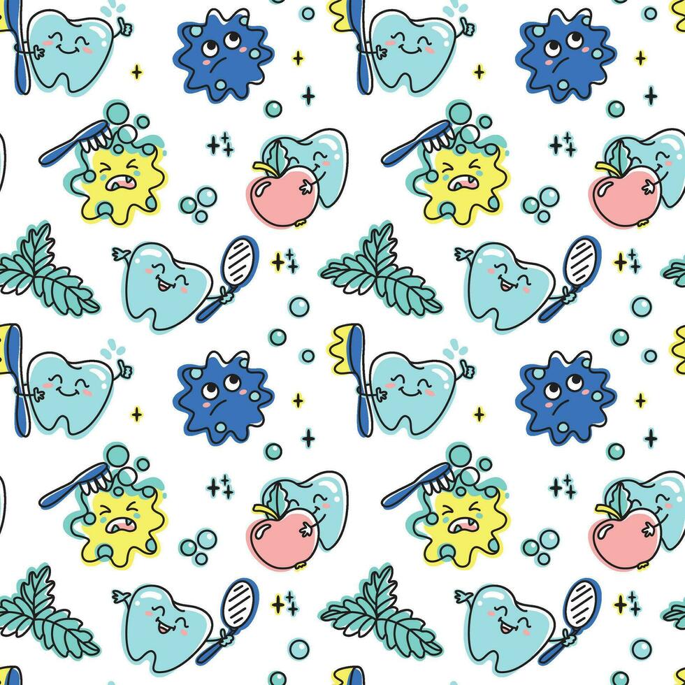 Children's dentistry. Funny characters, healthy teeth, toothbrush, peppermint leaf. Seamless pattern. Vector. vector