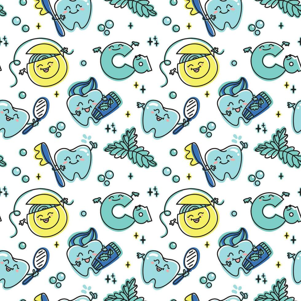 Children's dentistry. Funny characters, healthy teeth, toothpaste and dental floss, peppermint leaf. Seamless pattern. Vector. vector
