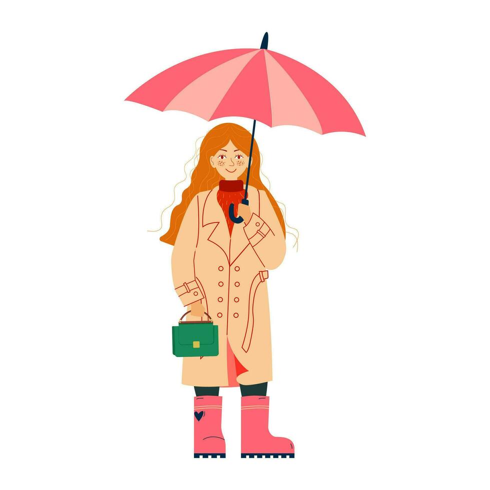 Girl in coat with pink umrella. Concept design. Beautiful autumn nature with Flat young woman vector