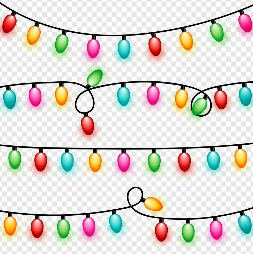 Festive lights. Colorful Xmas garland. Red, yellow, blue and green glow light bulbs on wire strings isolated. Vector