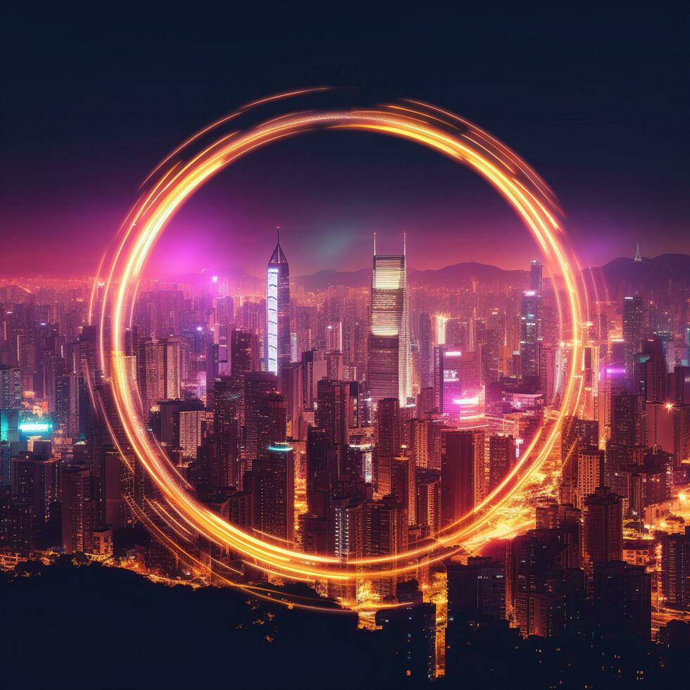 Dj background city golden neon circle generative ai photo