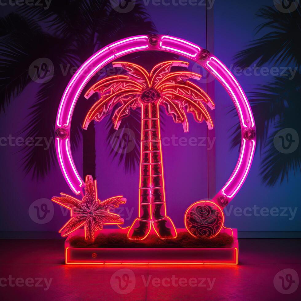 palm trees on the beach neon light frame for dj colorful poster background ai photo