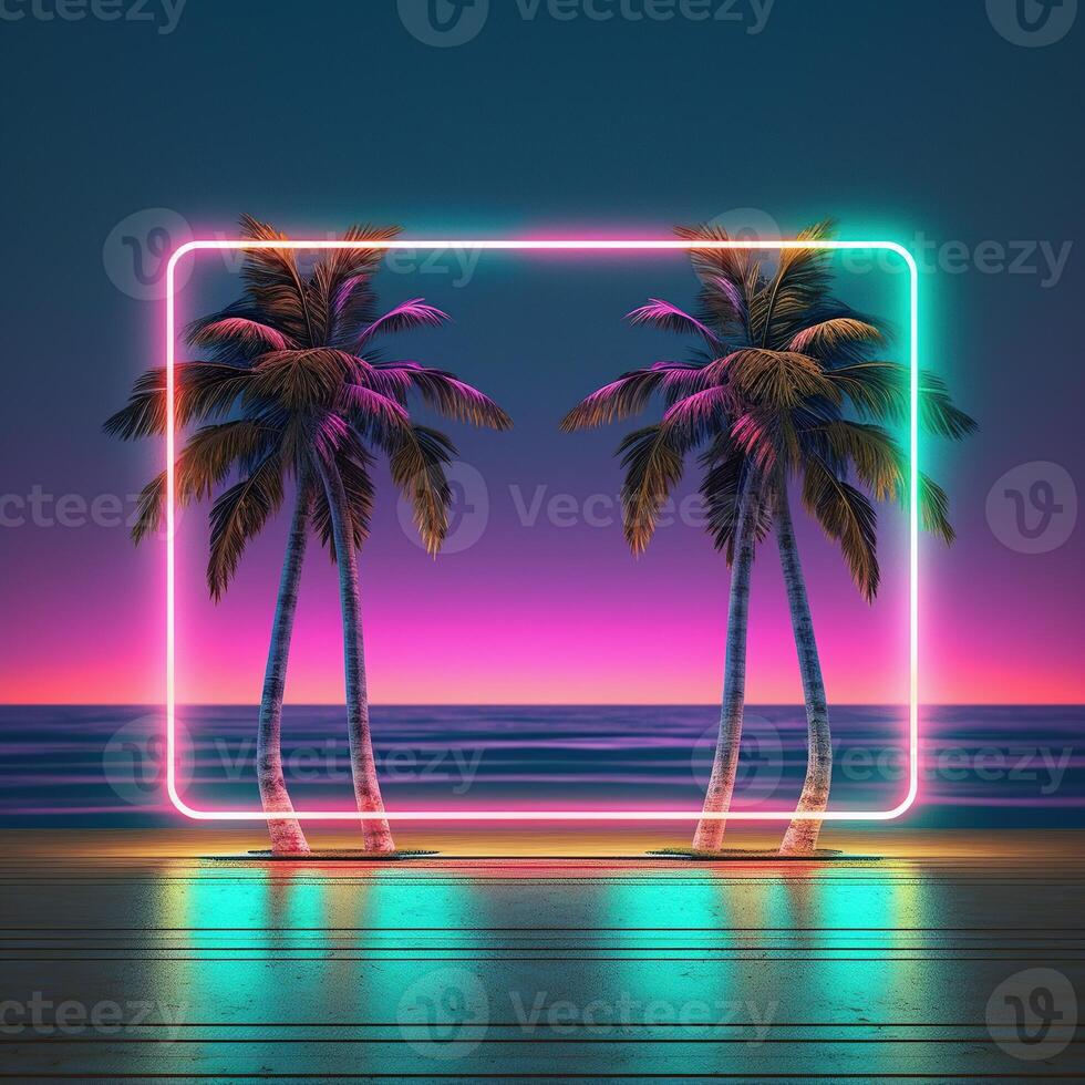 palm trees on the beach neon light frame for dj colorful poster background ai photo