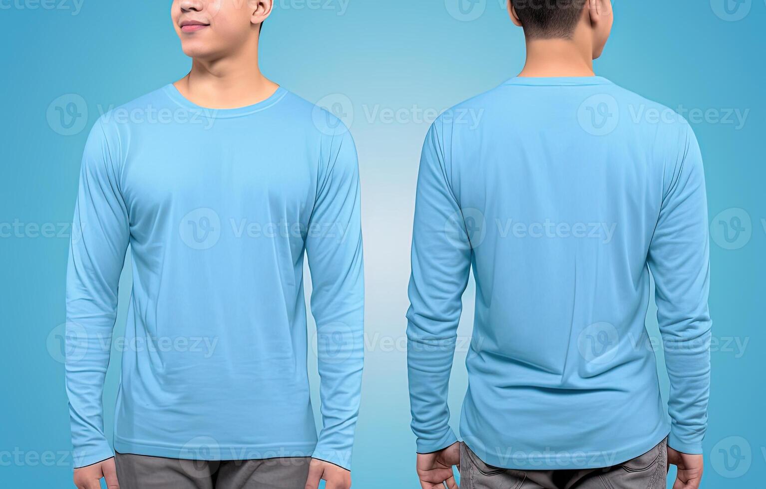 Man wearing a blue T-shirt with long sleeves. Front and back view. photo