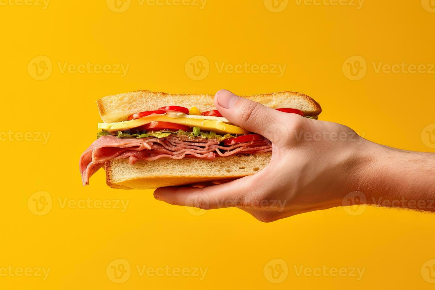 Hand holding tasty sandwich on a yellow background. ai generated photo