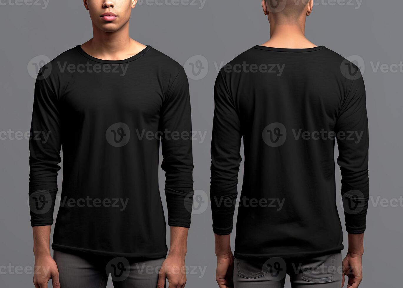 Man wearing a black T-shirt with long sleeves. Front and back view. photo