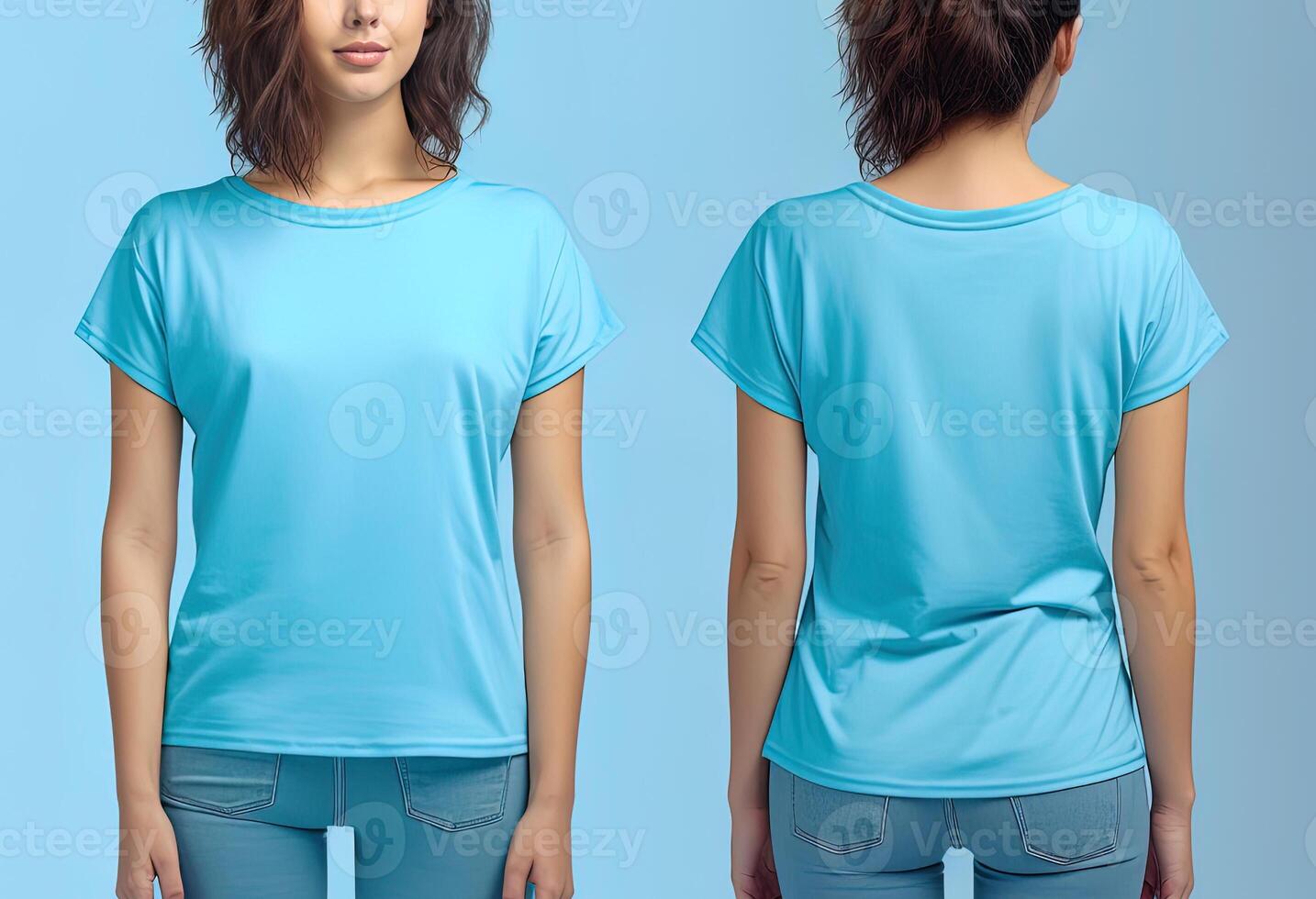 Photo realistic female blue t-shirts with copy space, front, and back view.