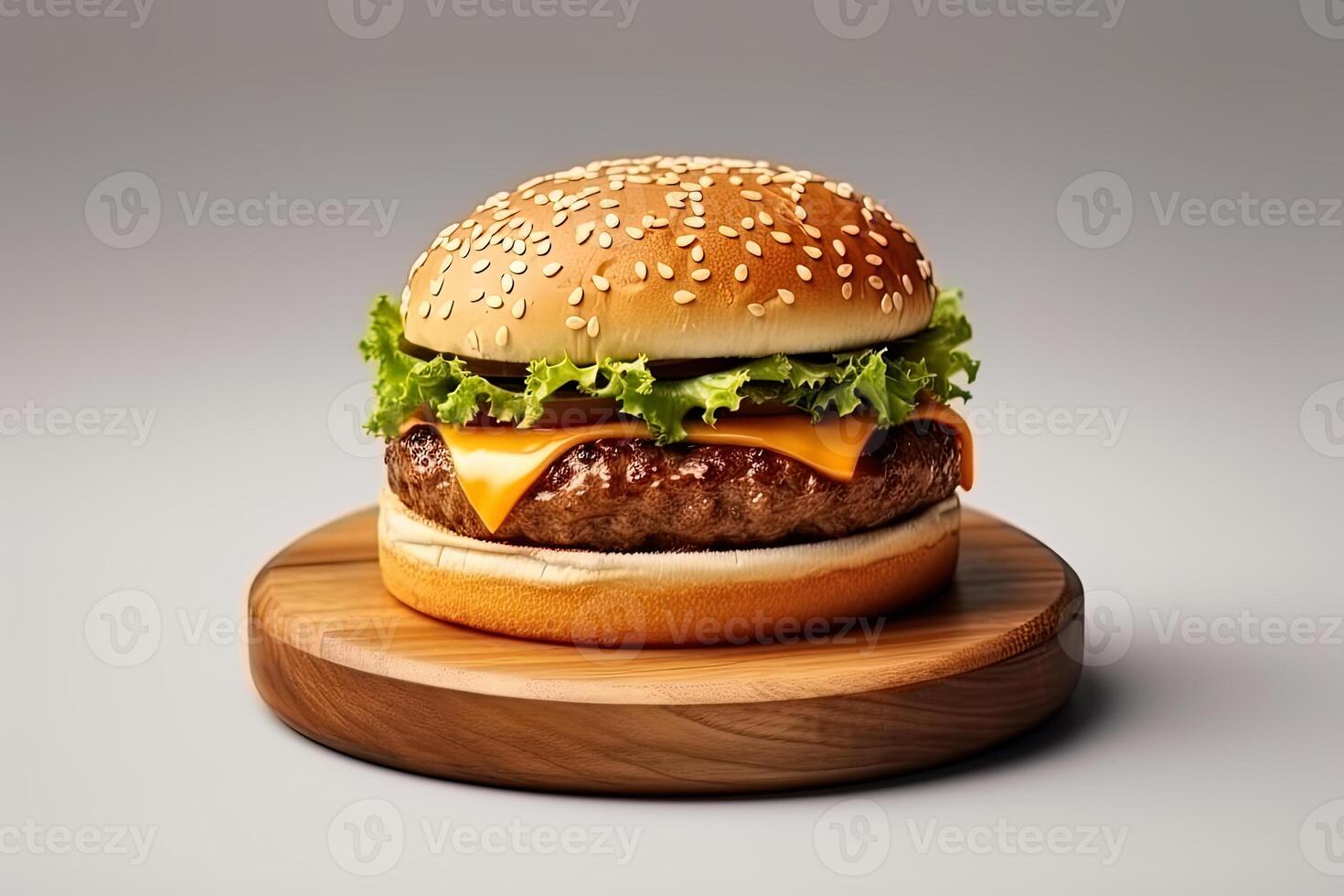 Fresh tasty cheeseburger on wooden board. ai generated photo