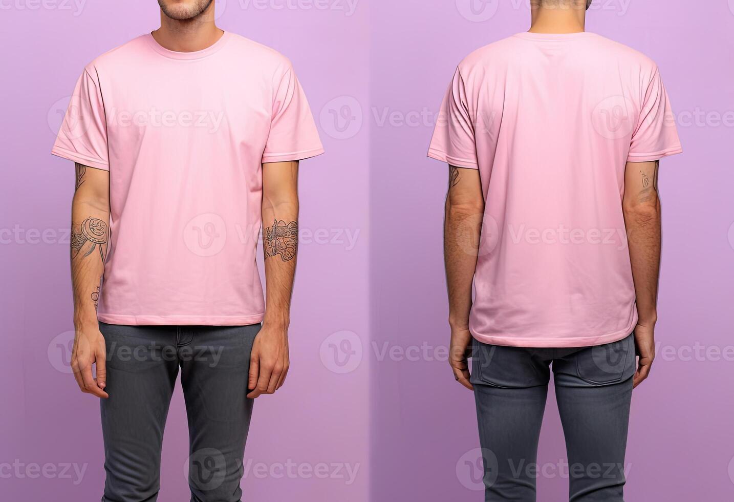 Photo realistic male pink t-shirts with copy space, front, and back view.