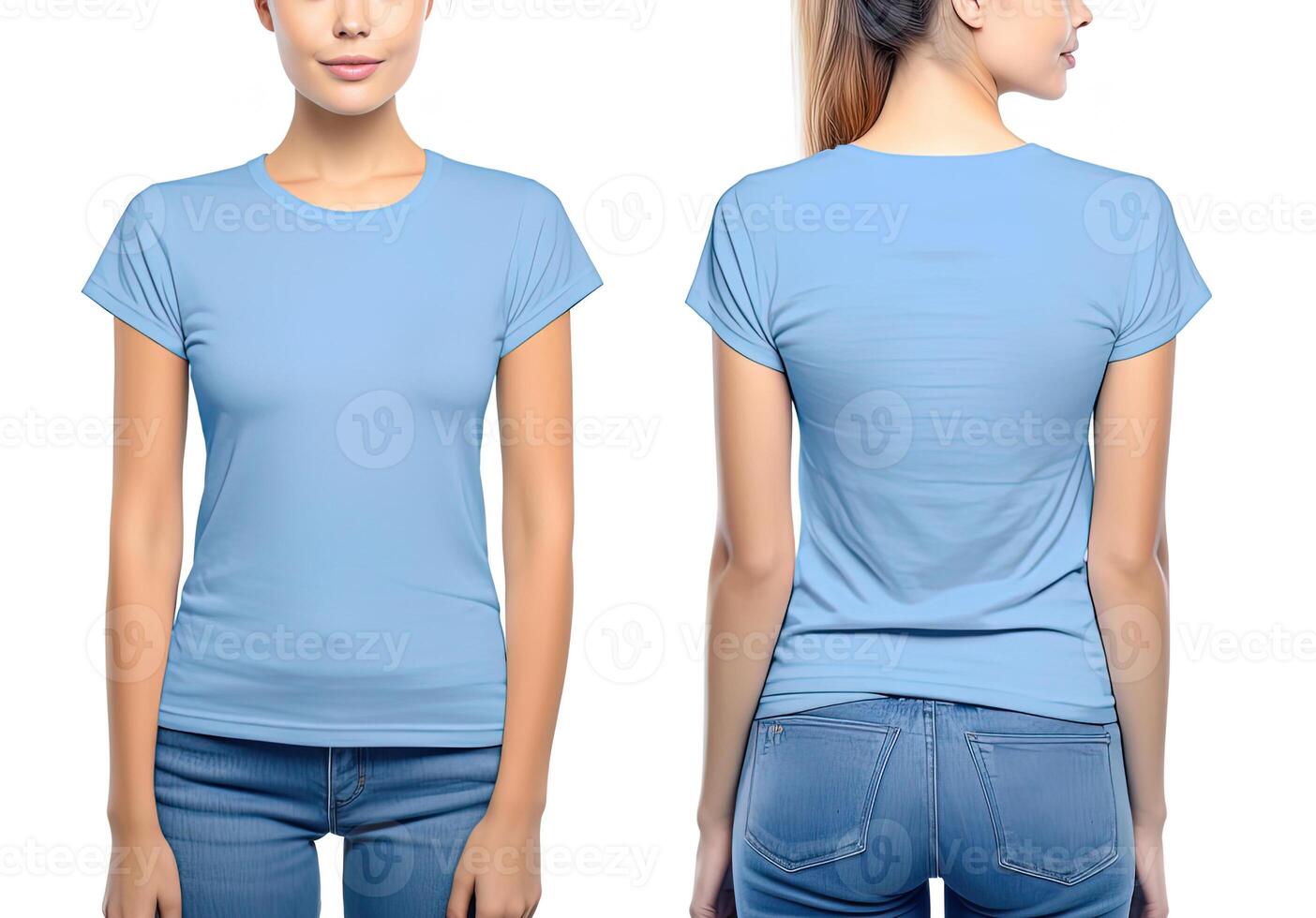 Photo realistic female blue t-shirts with copy space, front, and back view.