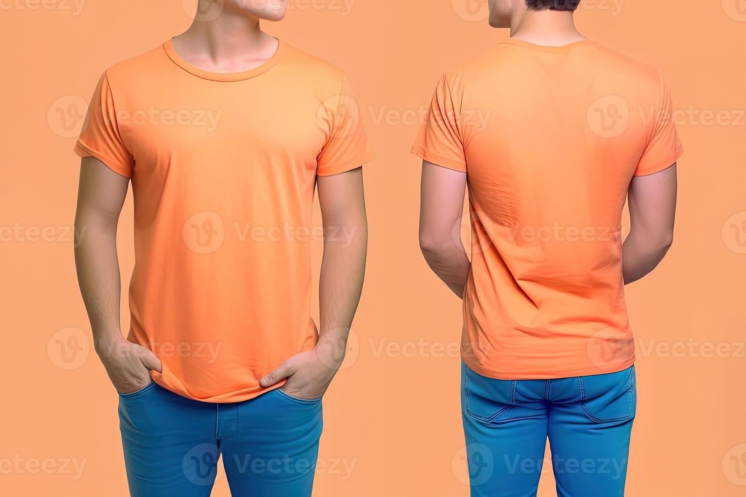 Photo realistic male orange t-shirts with copy space, front, and back view.