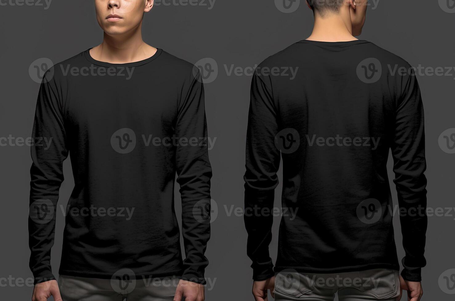 Man wearing a black T-shirt with long sleeves. Front and back view. photo