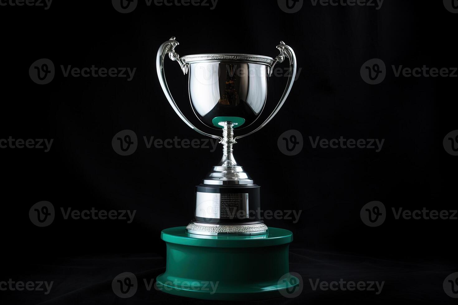 Silver glowing trophy cup on dark background. Concept of success and achievement photo