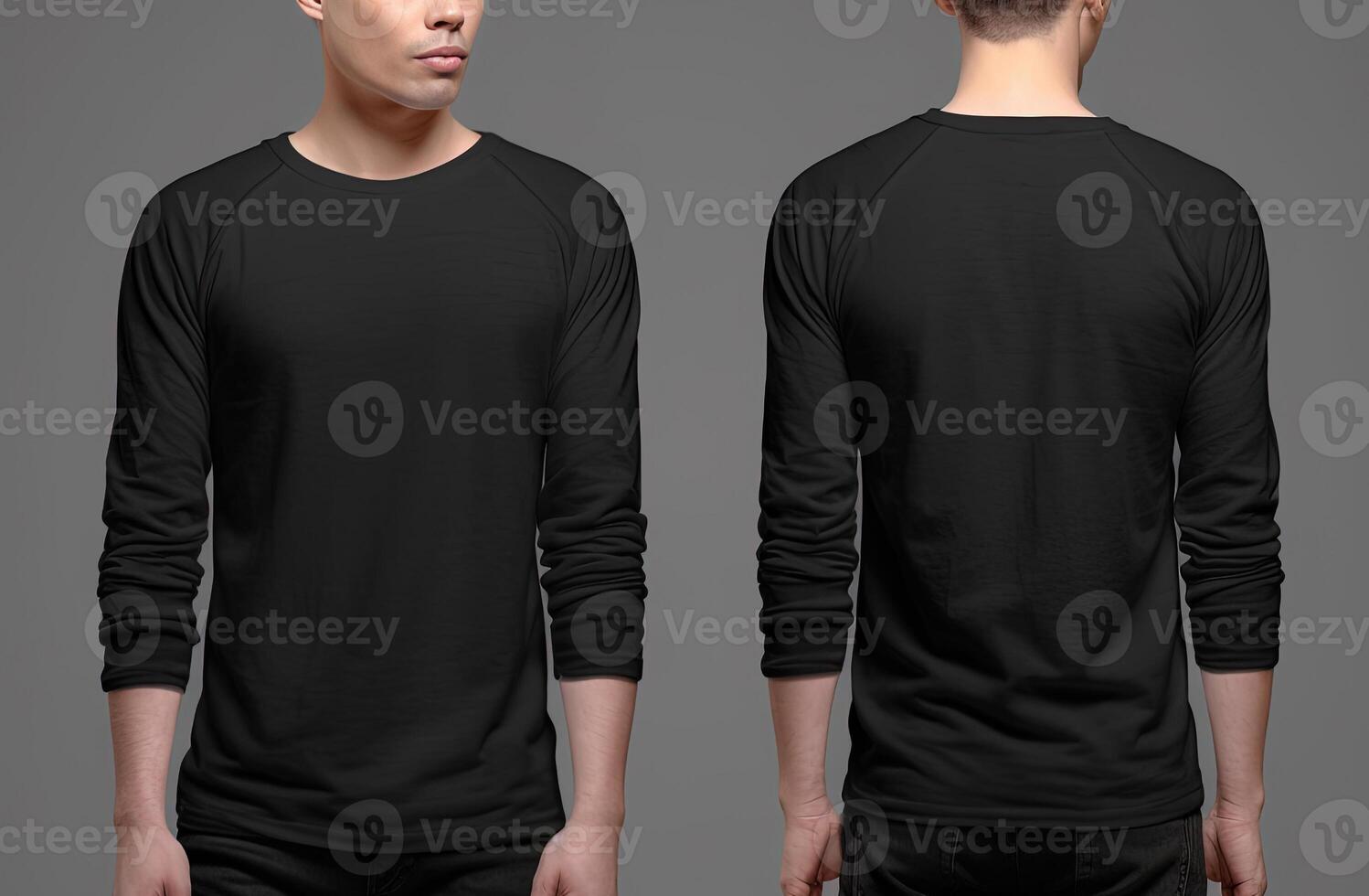 Man wearing a black T-shirt with long sleeves. Front and back view. photo