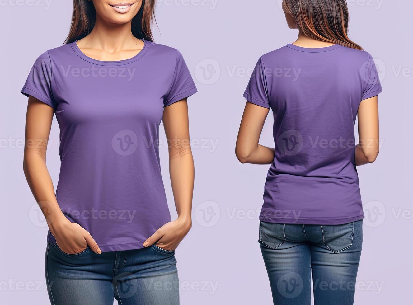 Photo realistic female purple t-shirts with copy space, front, and back view.