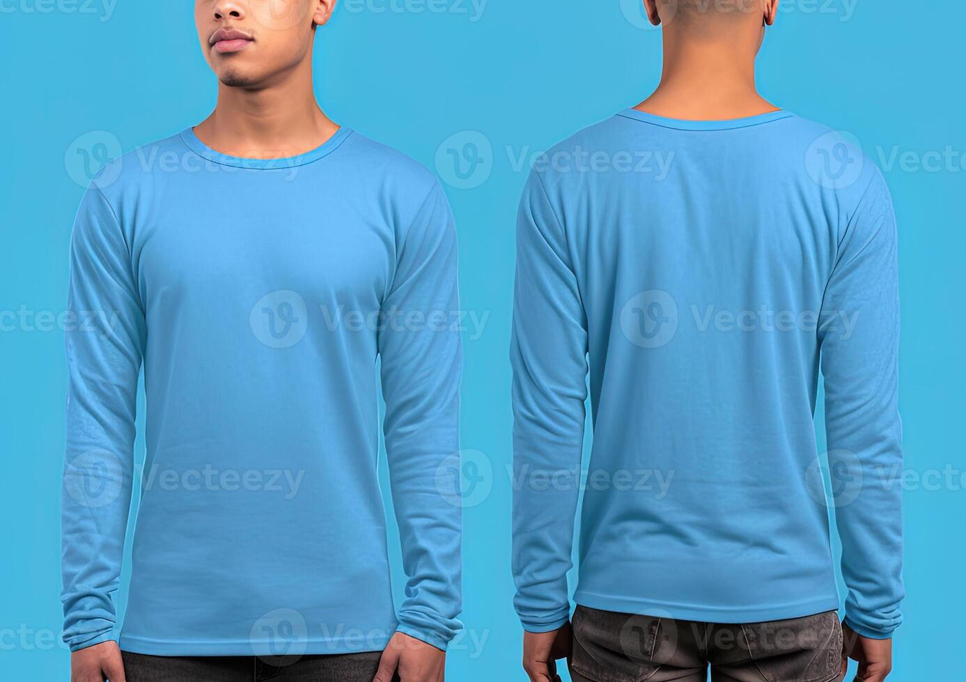Man wearing a blue T-shirt with long sleeves. Front and back view. photo