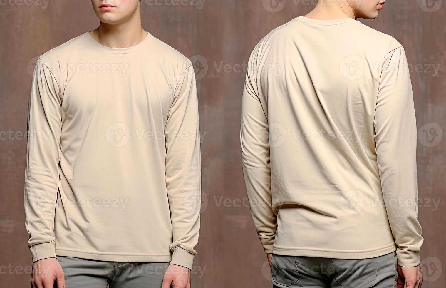 Man wearing a beige T-shirt with long sleeves. Front and back view. photo