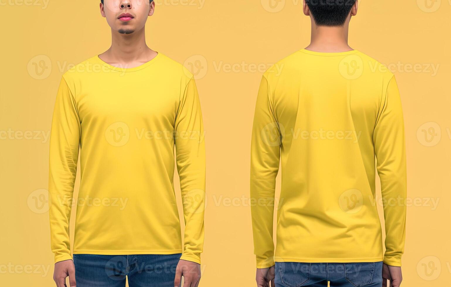 Man wearing a yellow T-shirt with long sleeves. Front and back view. photo
