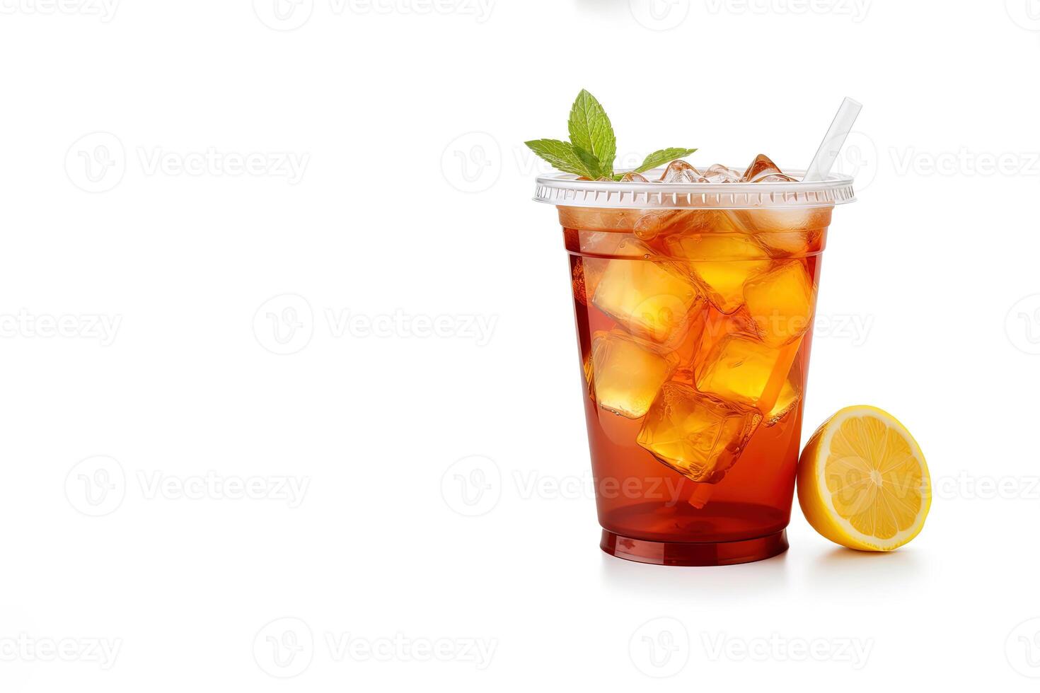 Iced lemon tea on plastic take-away glass isolated on white background with copy space. photo