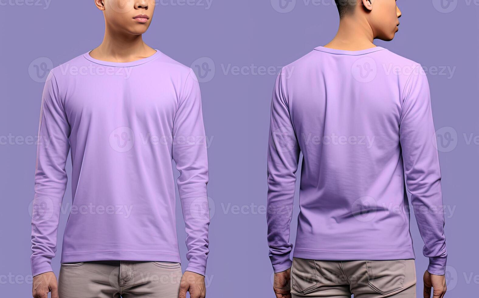 Man wearing a purple T-shirt with long sleeves. Front and back view. photo