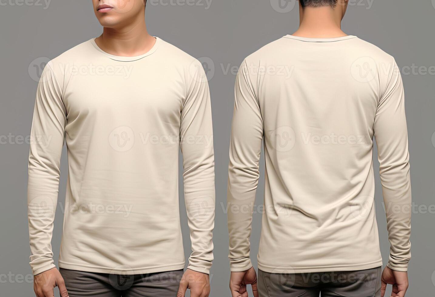 Man wearing a beige T-shirt with long sleeves. Front and back view. photo