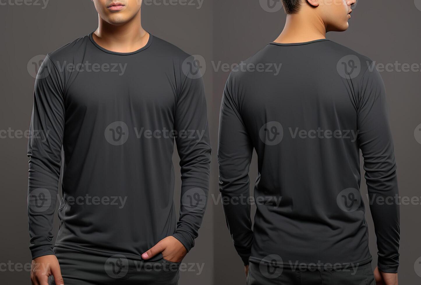 Man wearing a grey T-shirt with long sleeves. Front and back view. photo