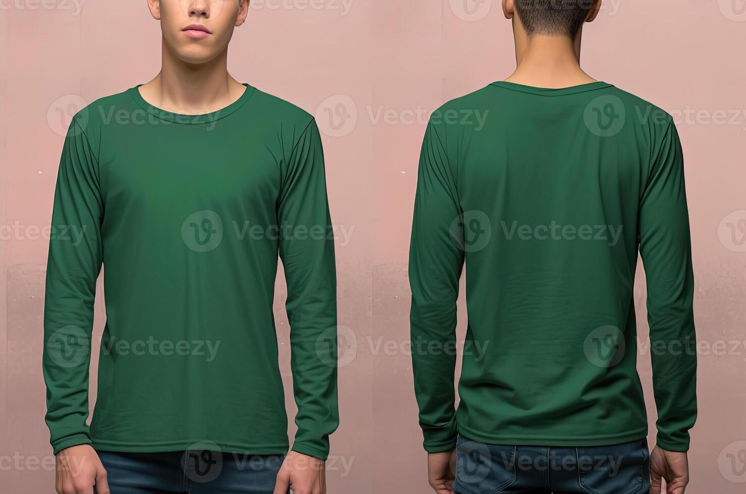 Man wearing a green T-shirt with long sleeves. Front and back view. photo