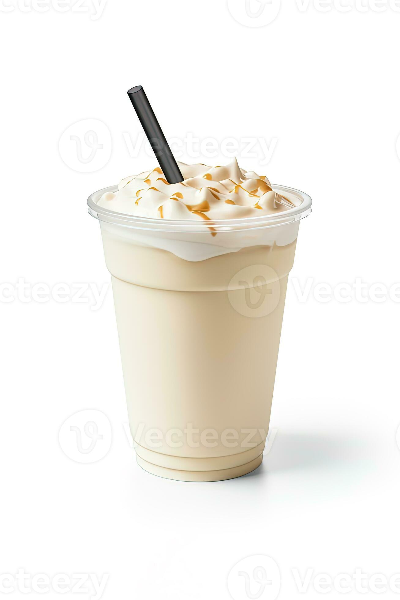 Vanilla milkshake in plastic takeaway cup isolated on pastel background. ai  generated 26278066 Stock Photo at Vecteezy