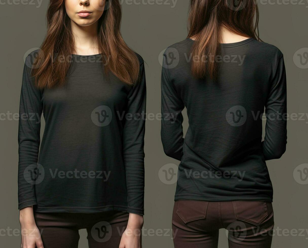 Woman wearing a black T-shirt with long sleeves. Front and back view. ai generated photo