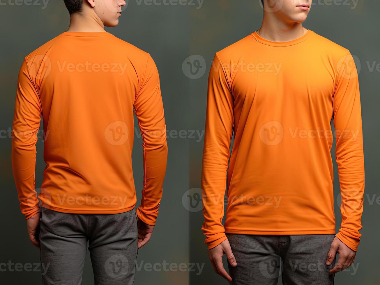 Man wearing a orange T-shirt with long sleeves. Front and back view. photo