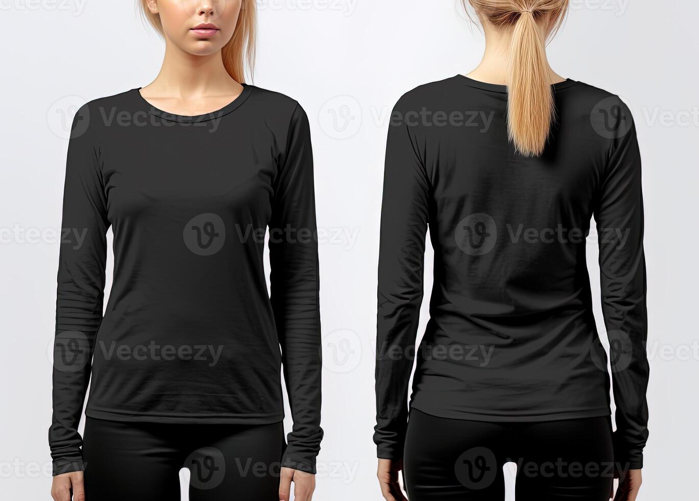 Woman wearing a black T-shirt with long sleeves. Front and back view. ai generated photo