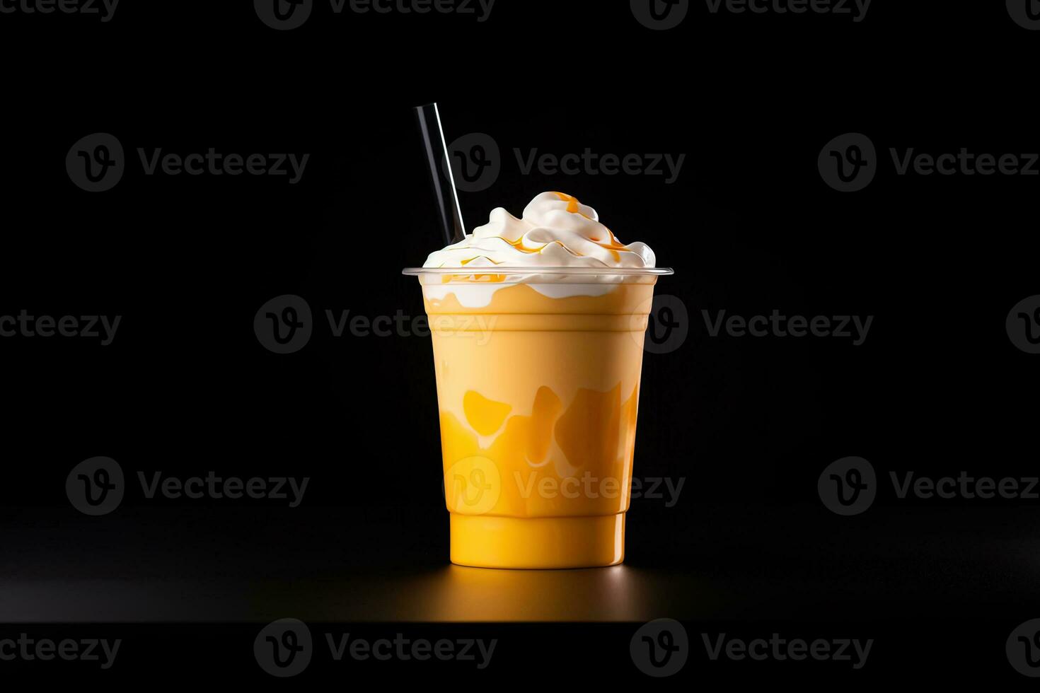 Mango smoothie milkshake in plastic takeaway cup isolated on dark background. ai generated photo