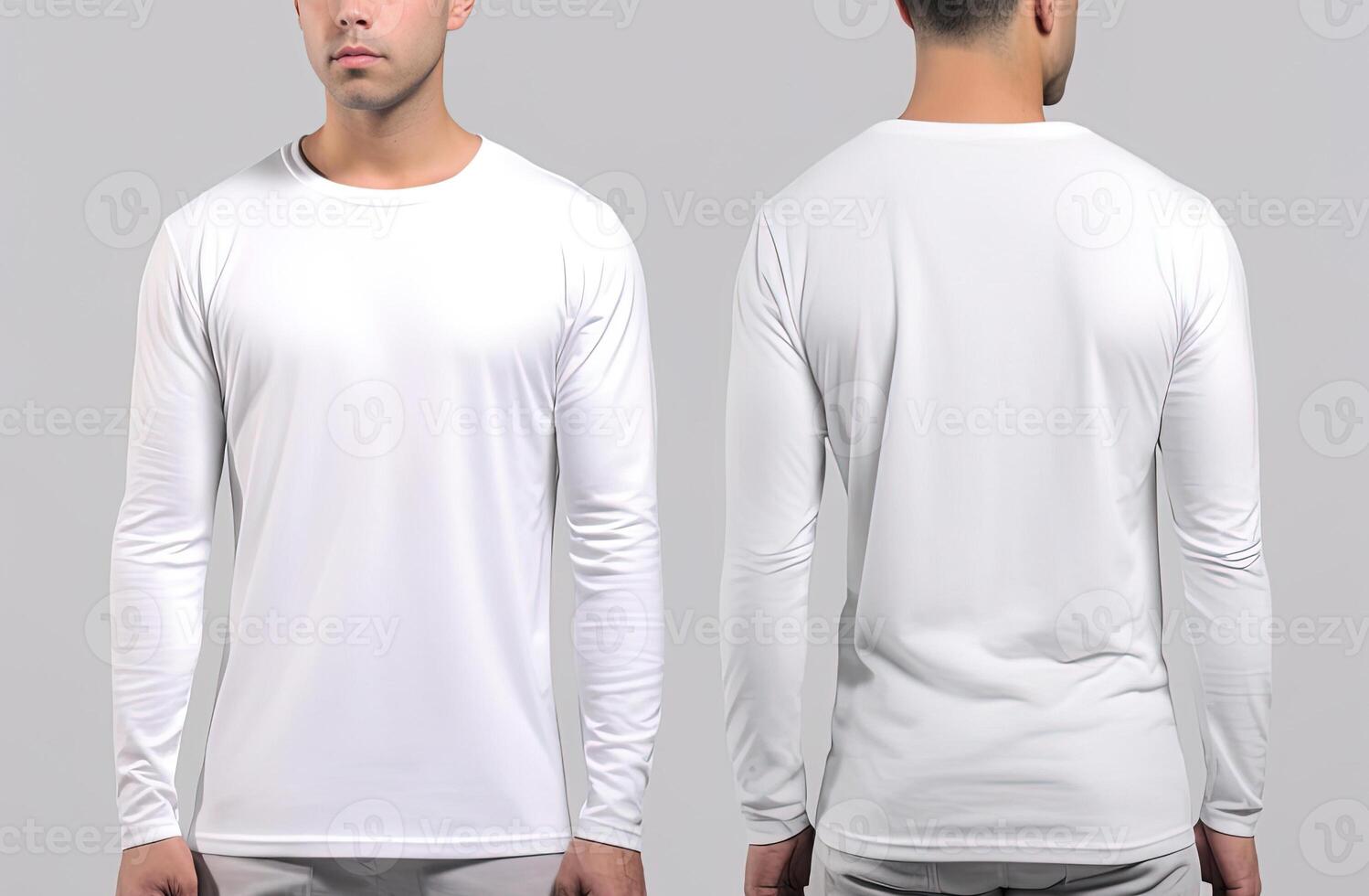 Man wearing a white T-shirt with long sleeves. Front and back view. photo