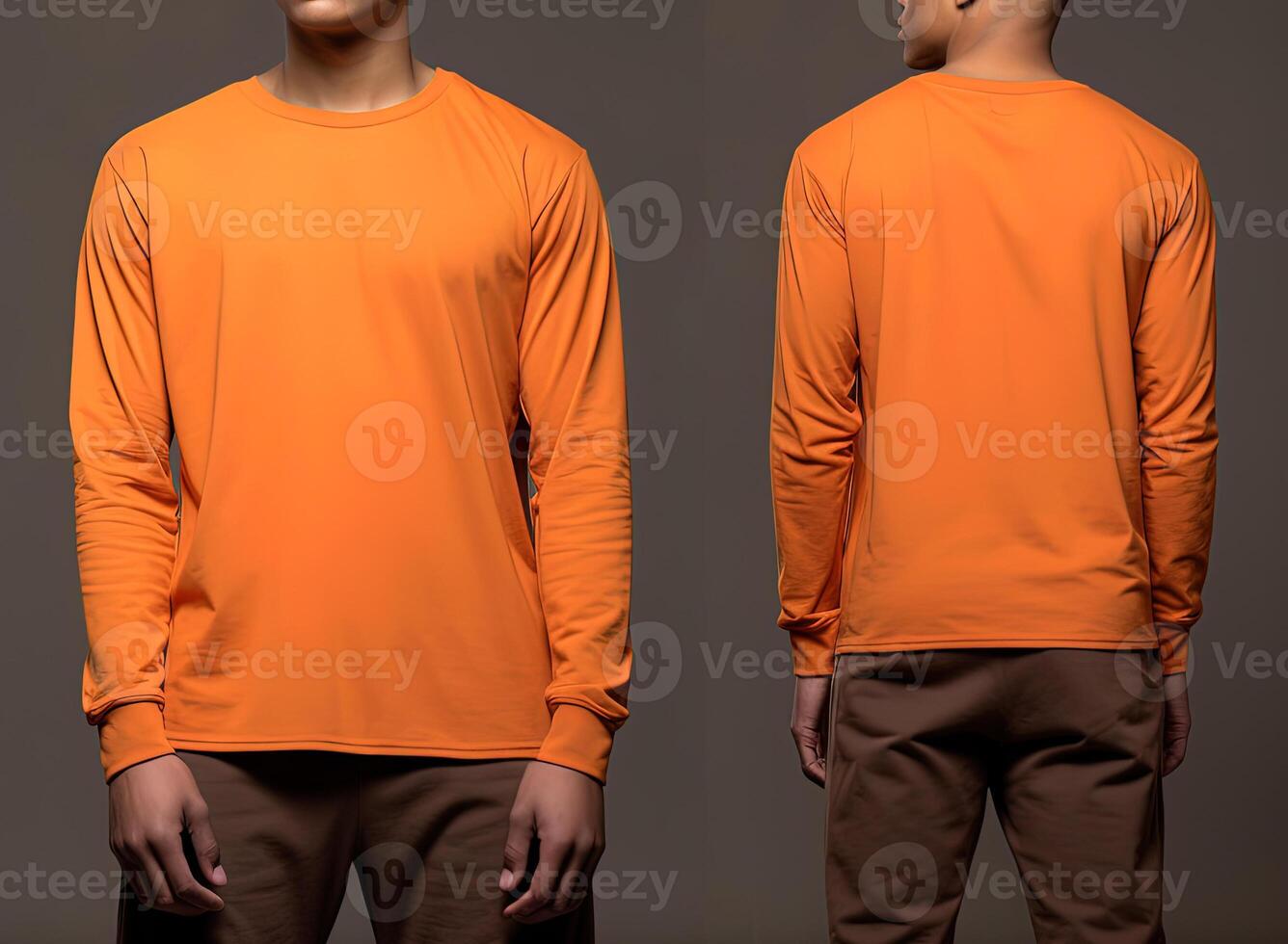 Man wearing a orange T-shirt with long sleeves. Front and back view. photo