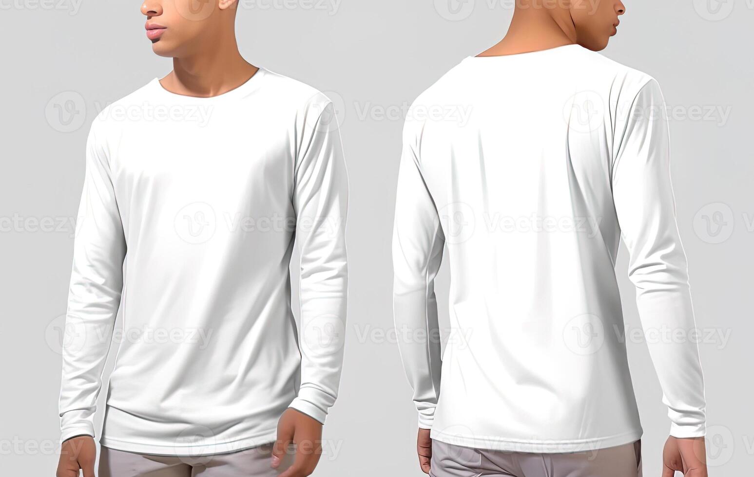 Man wearing a white T-shirt with long sleeves. Front and back view. photo