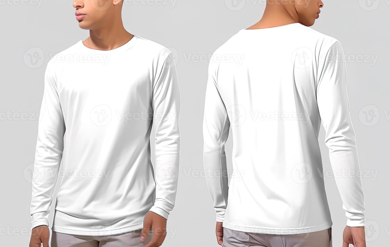 Man wearing a white T-shirt with long sleeves. Front and back view. ai generated photo