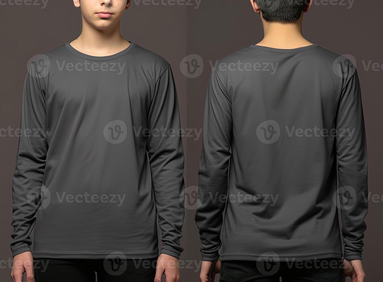 Man wearing a grey T-shirt with long sleeves. Front and back view. photo