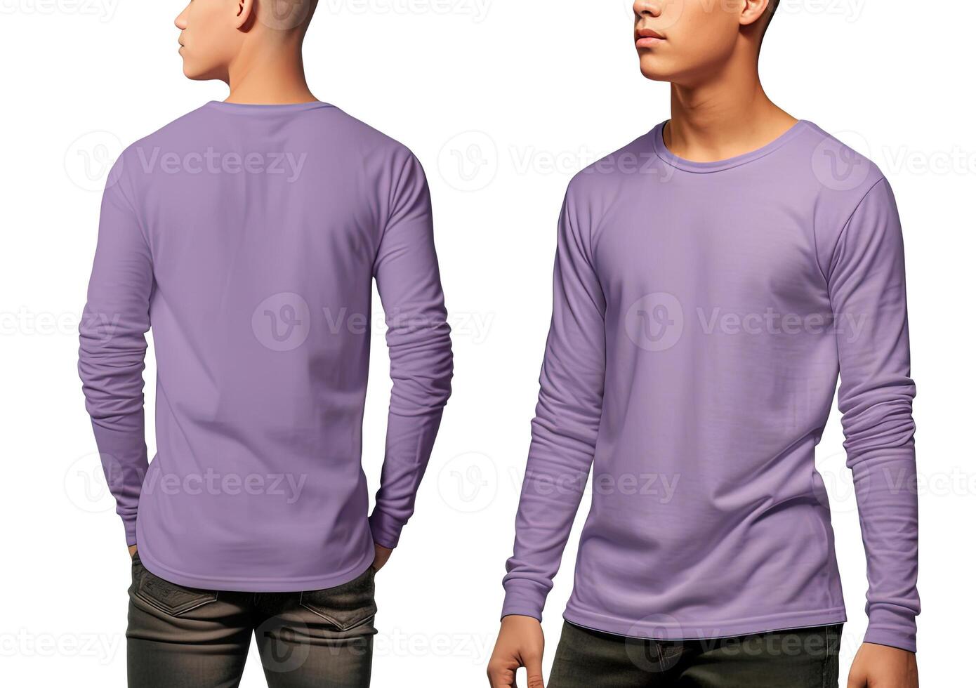 Man wearing a purple T-shirt with long sleeves. Front and back view. photo