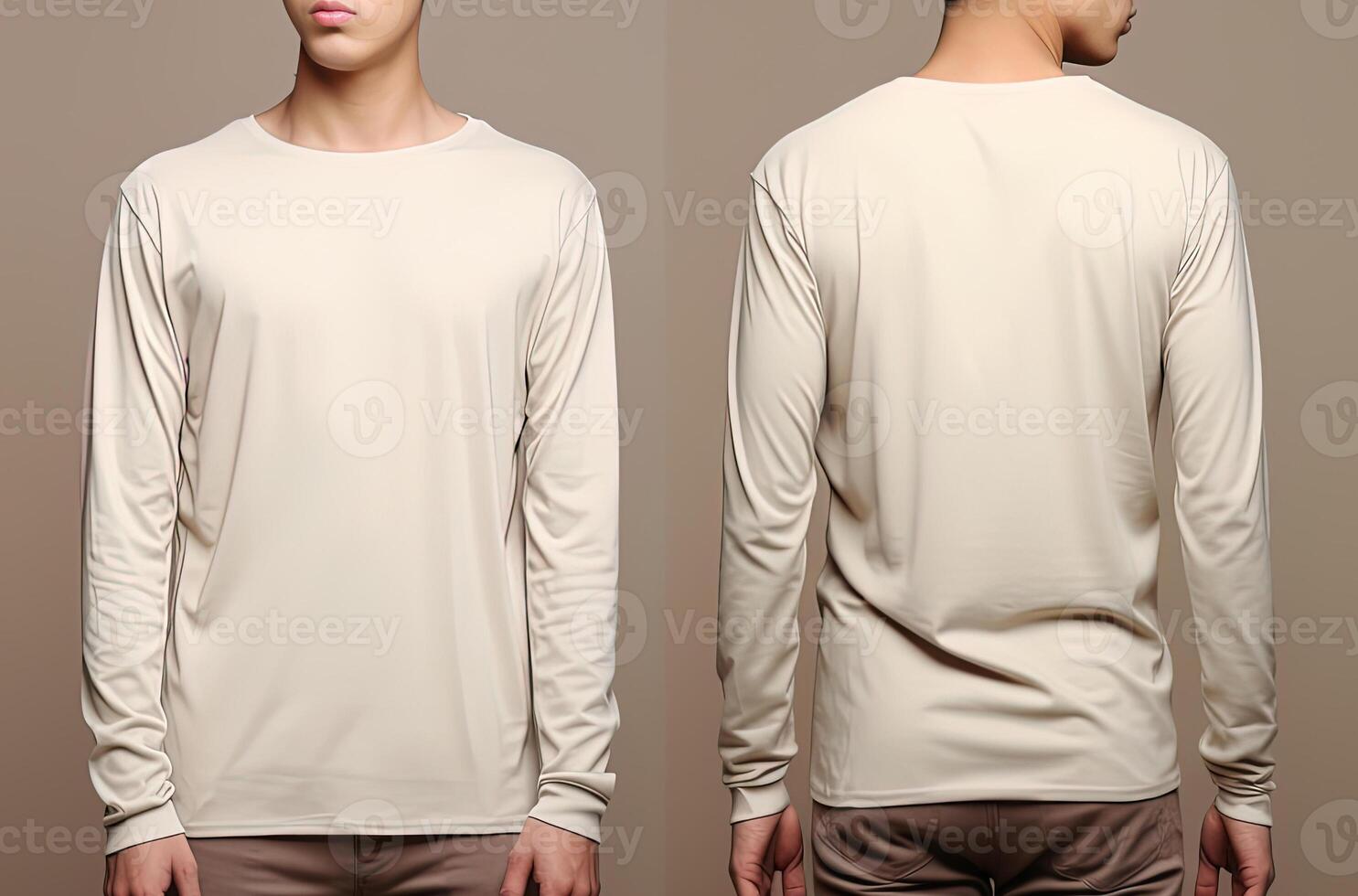 Man wearing a beige T-shirt with long sleeves. Front and back view. photo