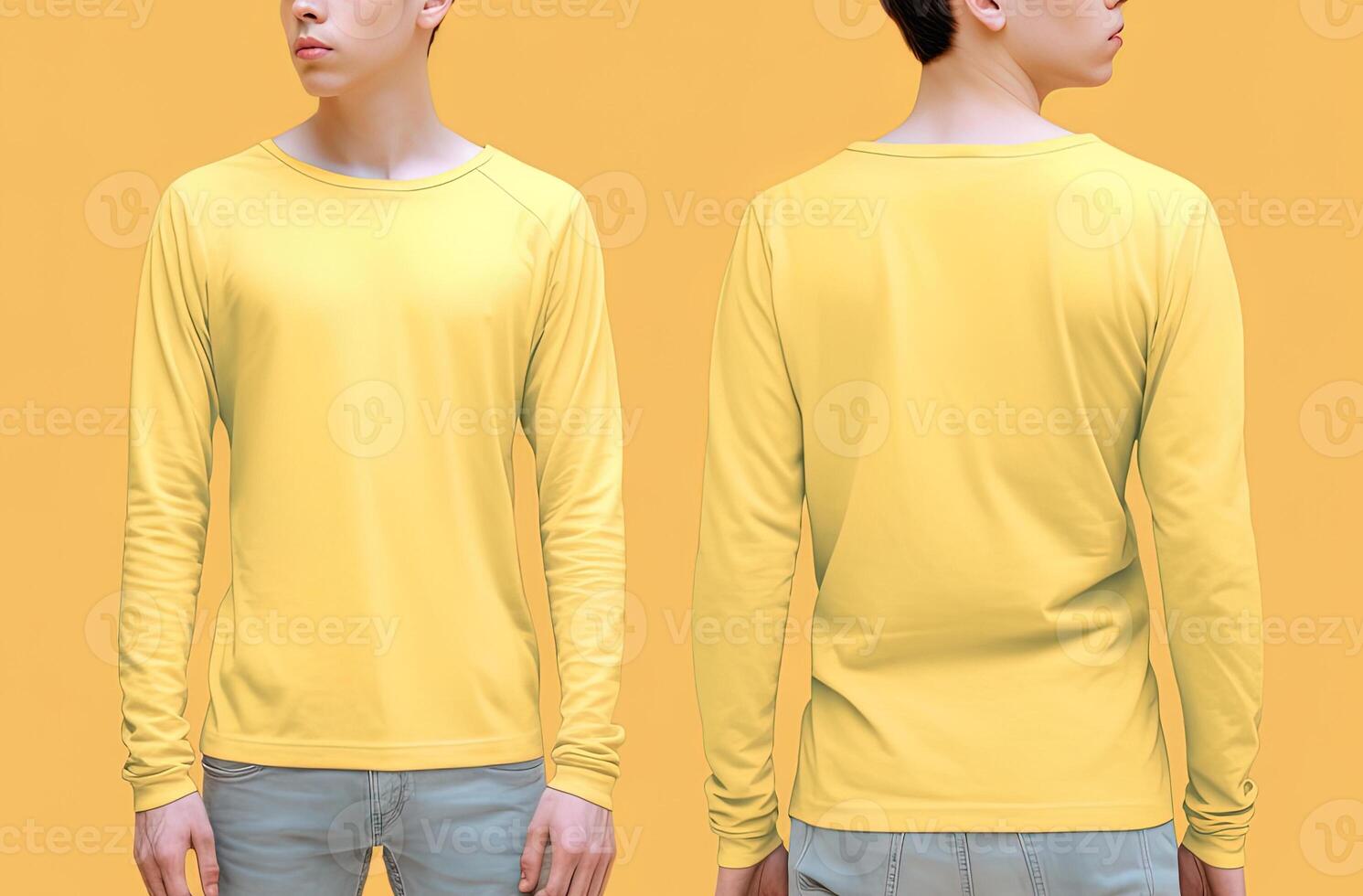 Man wearing a yellow T-shirt with long sleeves. Front and back view. photo