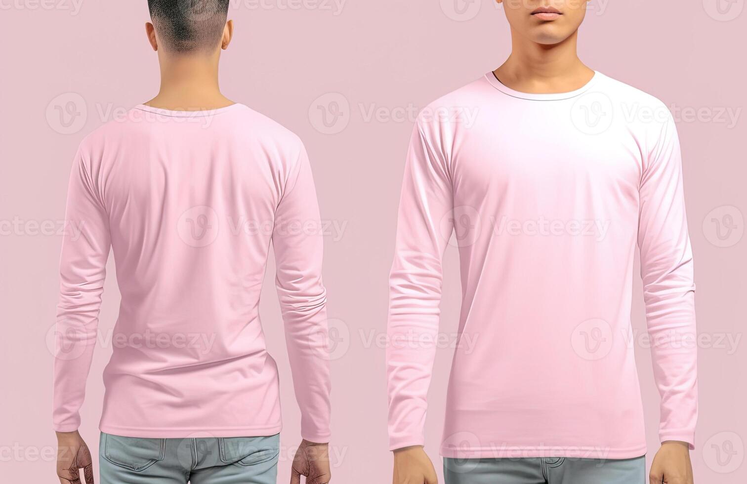 Man wearing a pink T-shirt with long sleeves. Front and back view. photo