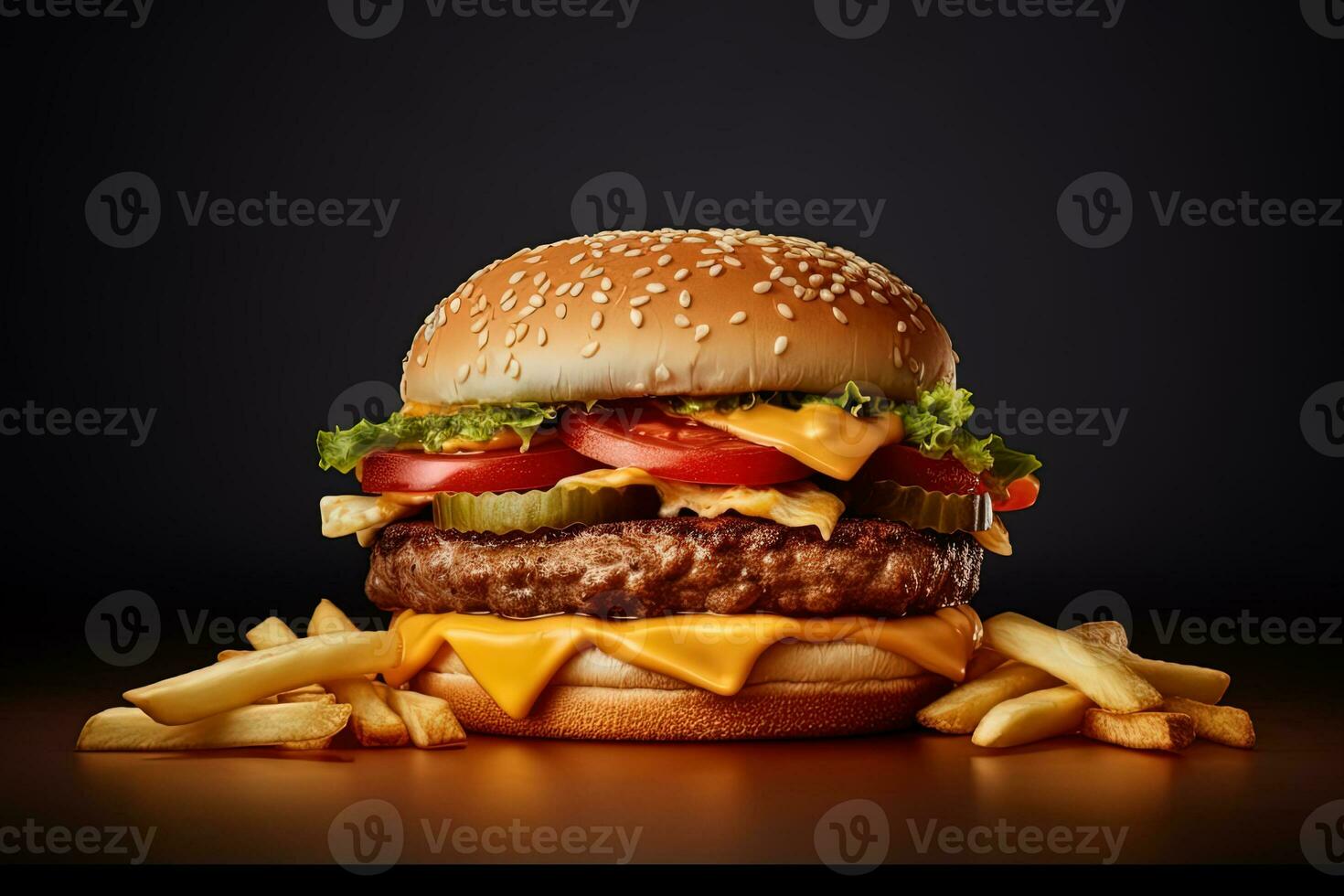 Fresco sabroso hamburguesa y francés papas fritas en oscuro antecedentes. ai generado foto