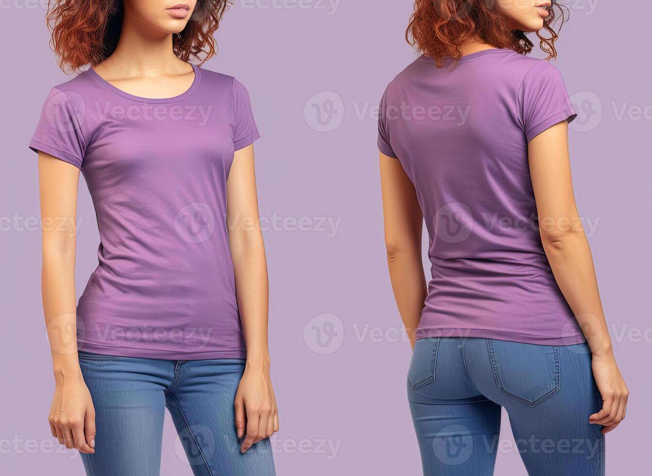 Photo realistic female purple t-shirts with copy space, front, and back view.