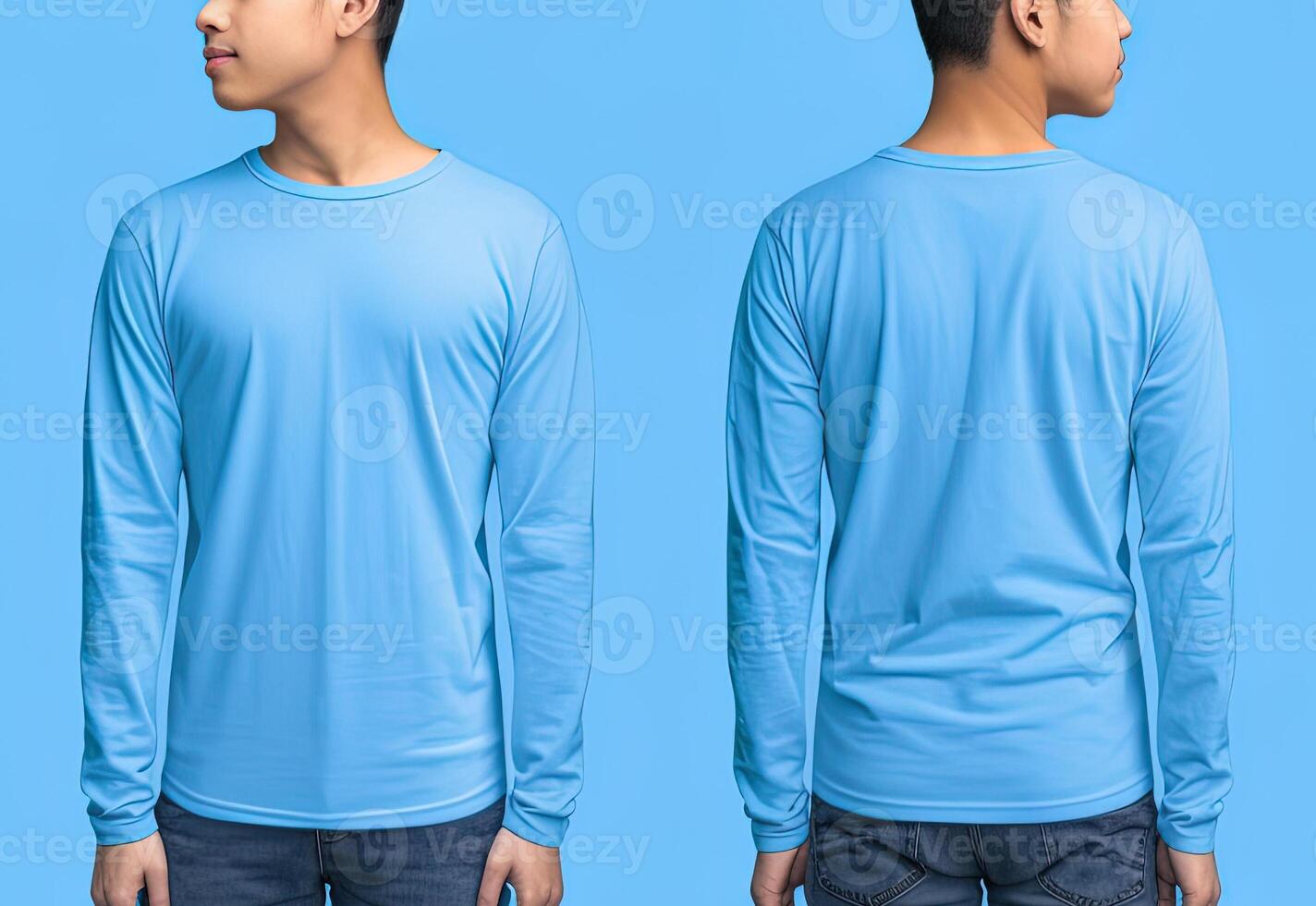 Man wearing a blue T-shirt with long sleeves. Front and back view. photo