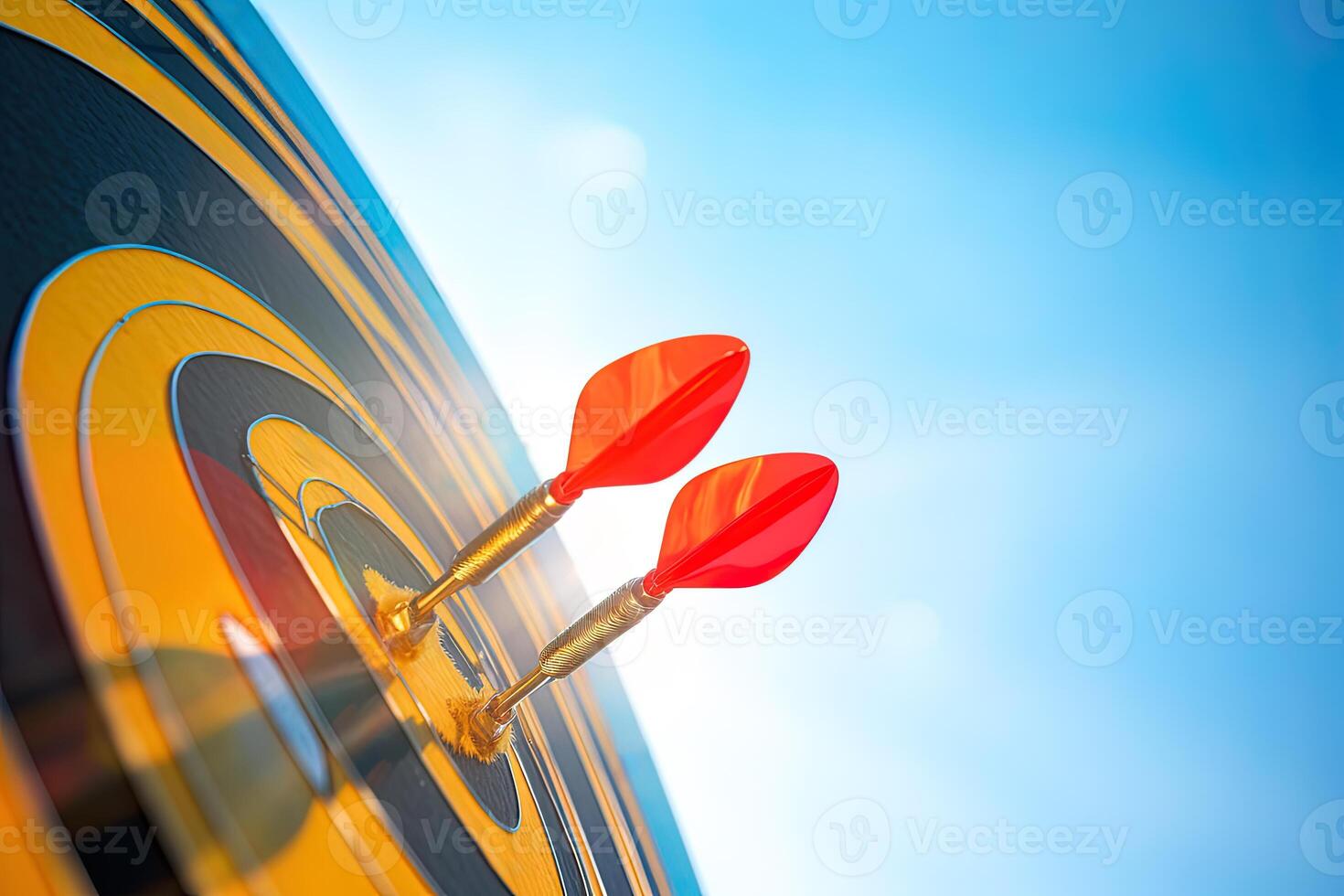 red darts arrows in the target center on blue sky background. Business target and success concept. ai generated photo